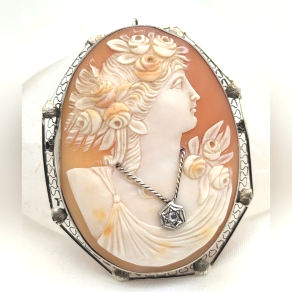 Beautiful Vintage 14K Gold Large Cameo Brooch Pendant with Diamond necklace